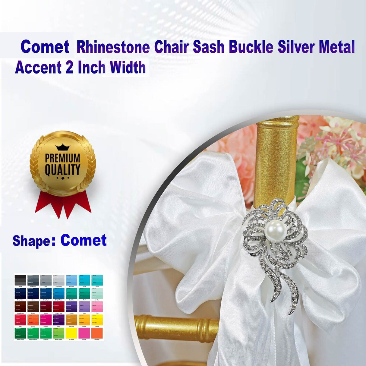 1 Piece Comet Rhinestone Chair Sash Buckle Silver Metal Accent 2 Inch Width