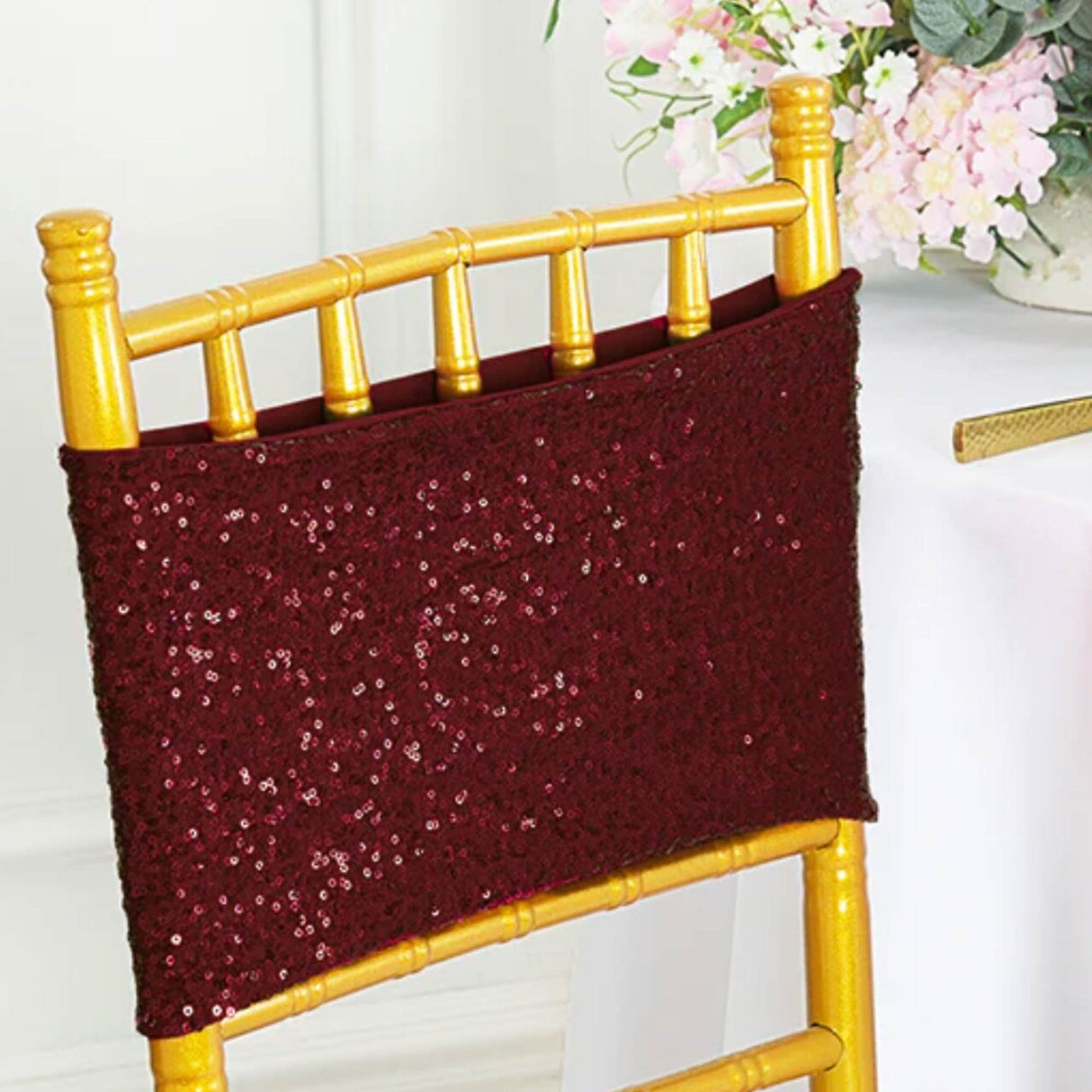 10 Pieces Elegant Burgundy Sequin Stretch Spandex Chair Bands 7 x 13 Inches