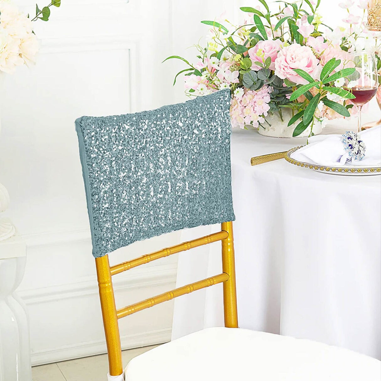 1 Piece Dusty Blue Sequin Spandex Chair Cap 13.5 inch by 10 inch Banquet Cover