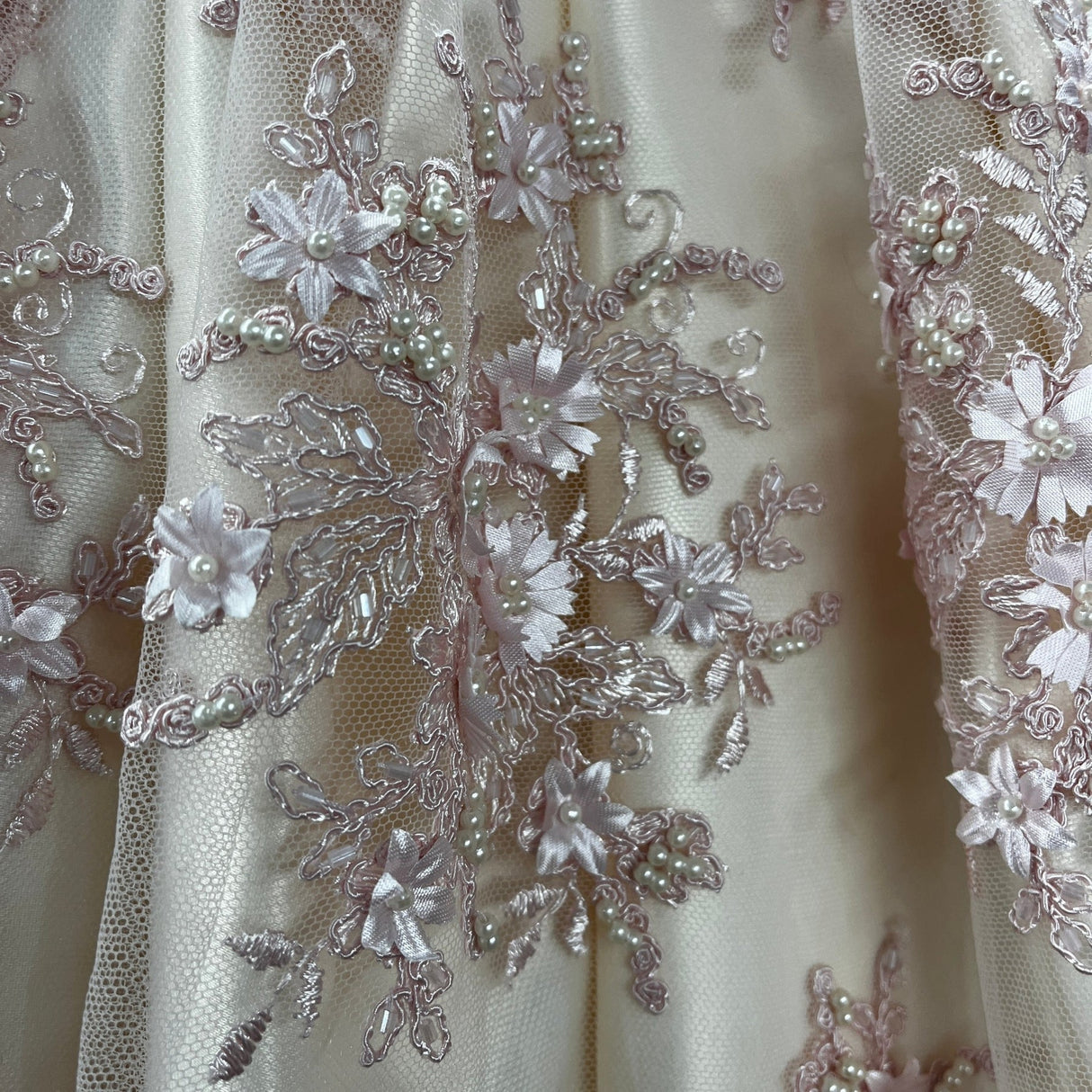 1 Yard Whimsical Pink Beaded 3D Floral Lace Fabric on Net Mesh 50 inch Width