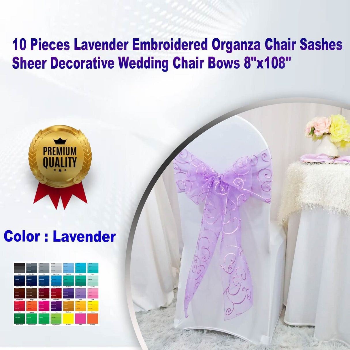 10 Pieces Lavender Embroidered Organza Chair Sashes Sheer Decorative Wedding Chair Bows 8"x108"