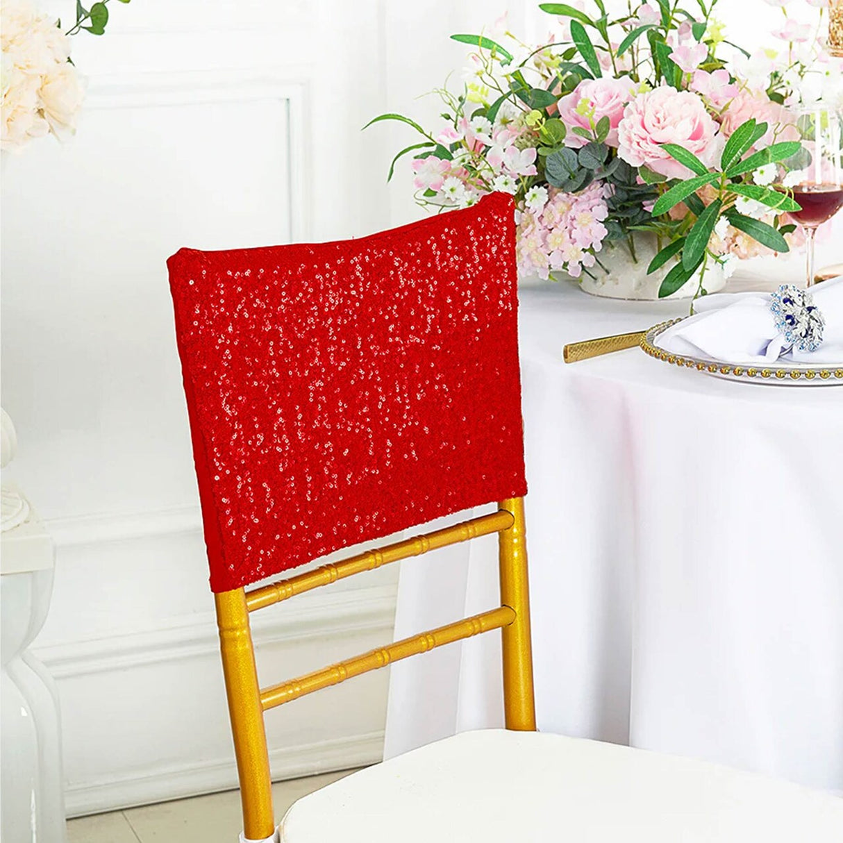 1 Piece Red Sequin Spandex Chair Cap 13.5 inch by 10 inch Event Party Decoration