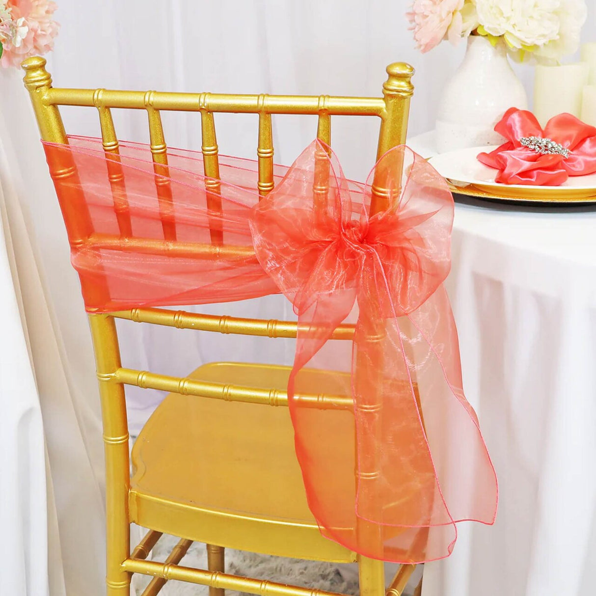 10 Pieces Coral Organza Chair Sashes 8"x108" Sheer Elegant Chair Decor for Weddings & Events