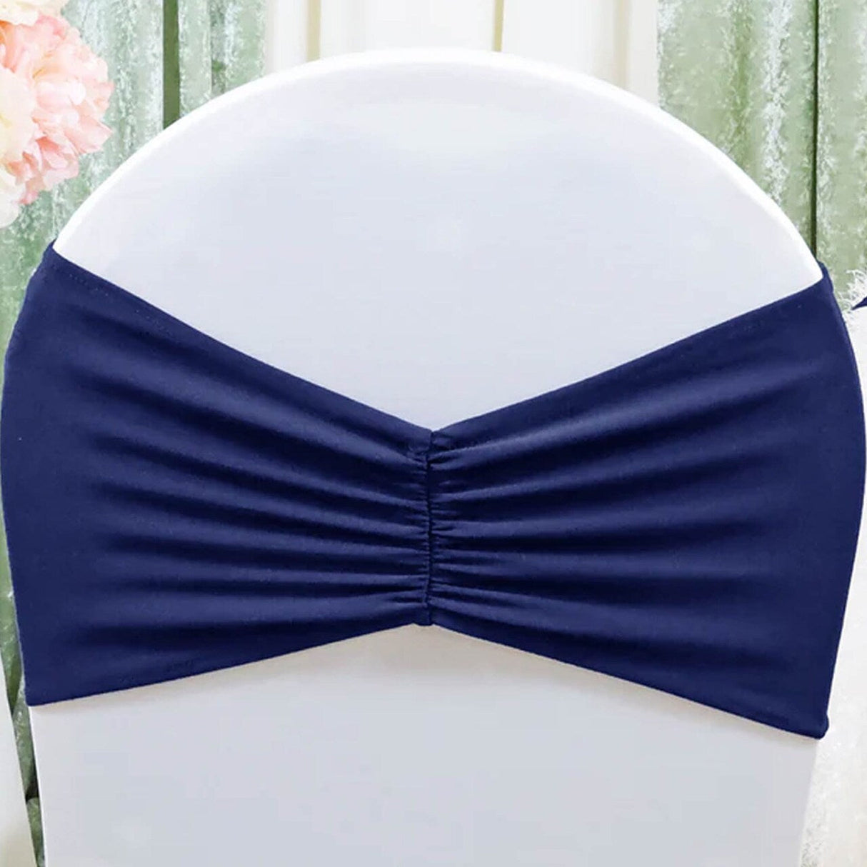 10 Pieces Navy Blue Ruffled Spandex Chair Bands for Elegant Event Seating 8x13 inches