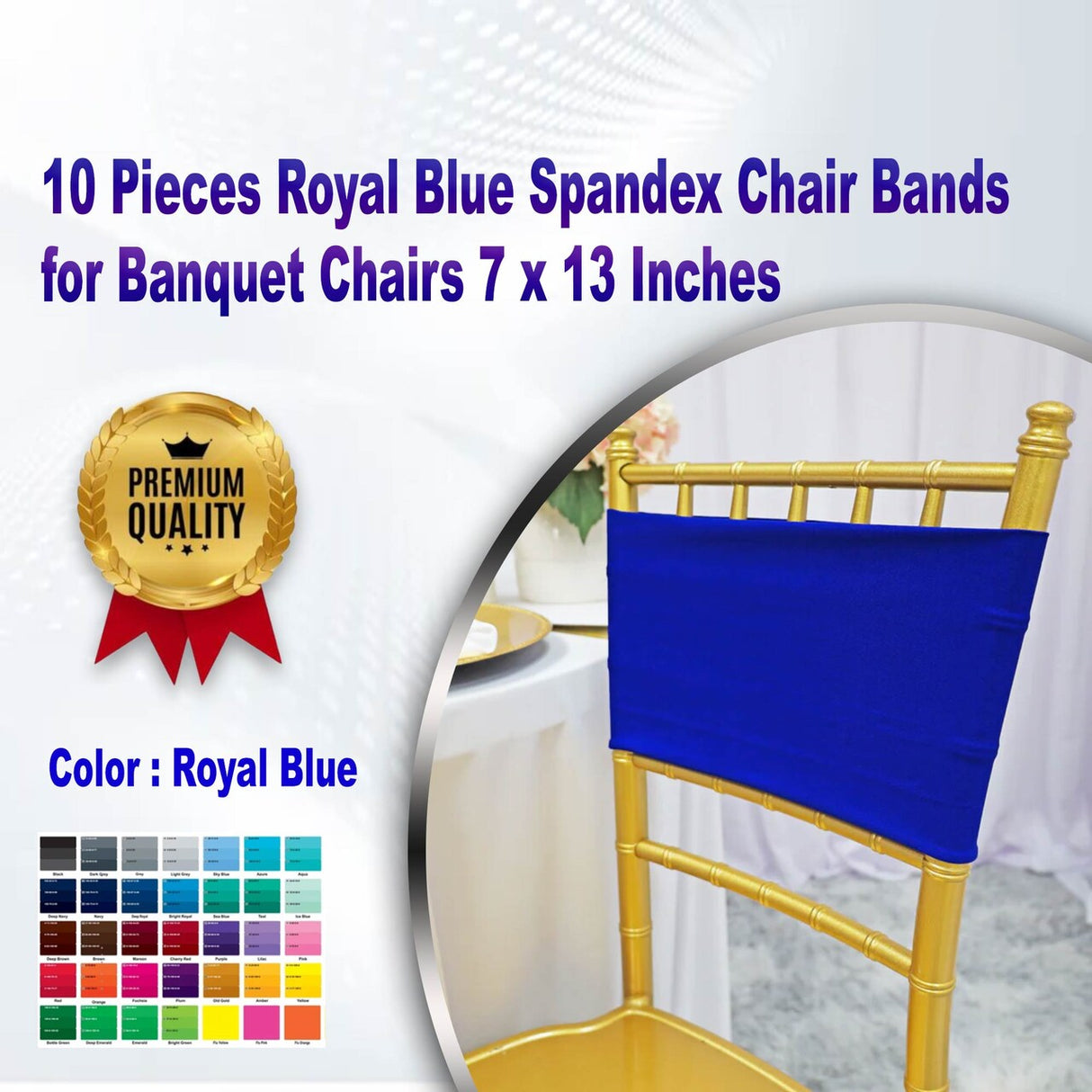 10 Pieces Royal Blue Spandex Chair Bands for Banquet Chairs 7 x 13 Inches
