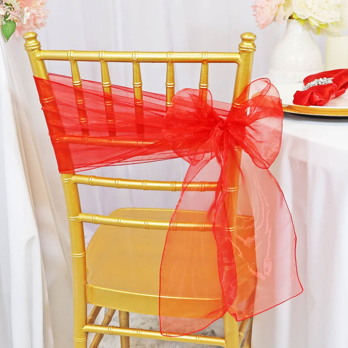 10 Pieces Red Organza Chair Sashes 8"x108" Sheer Decorative Bows for Weddings & Special Events