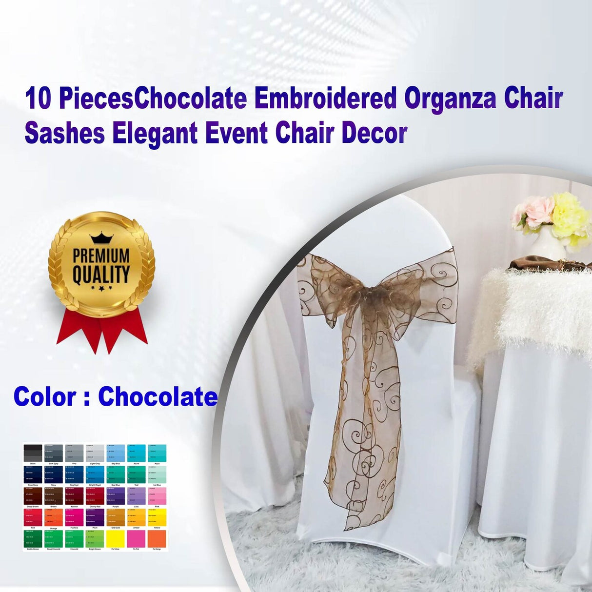 10 Pieces Chocolate Embroidered Organza Chair Sashes Elegant Event Chair Decor 8"x108"
