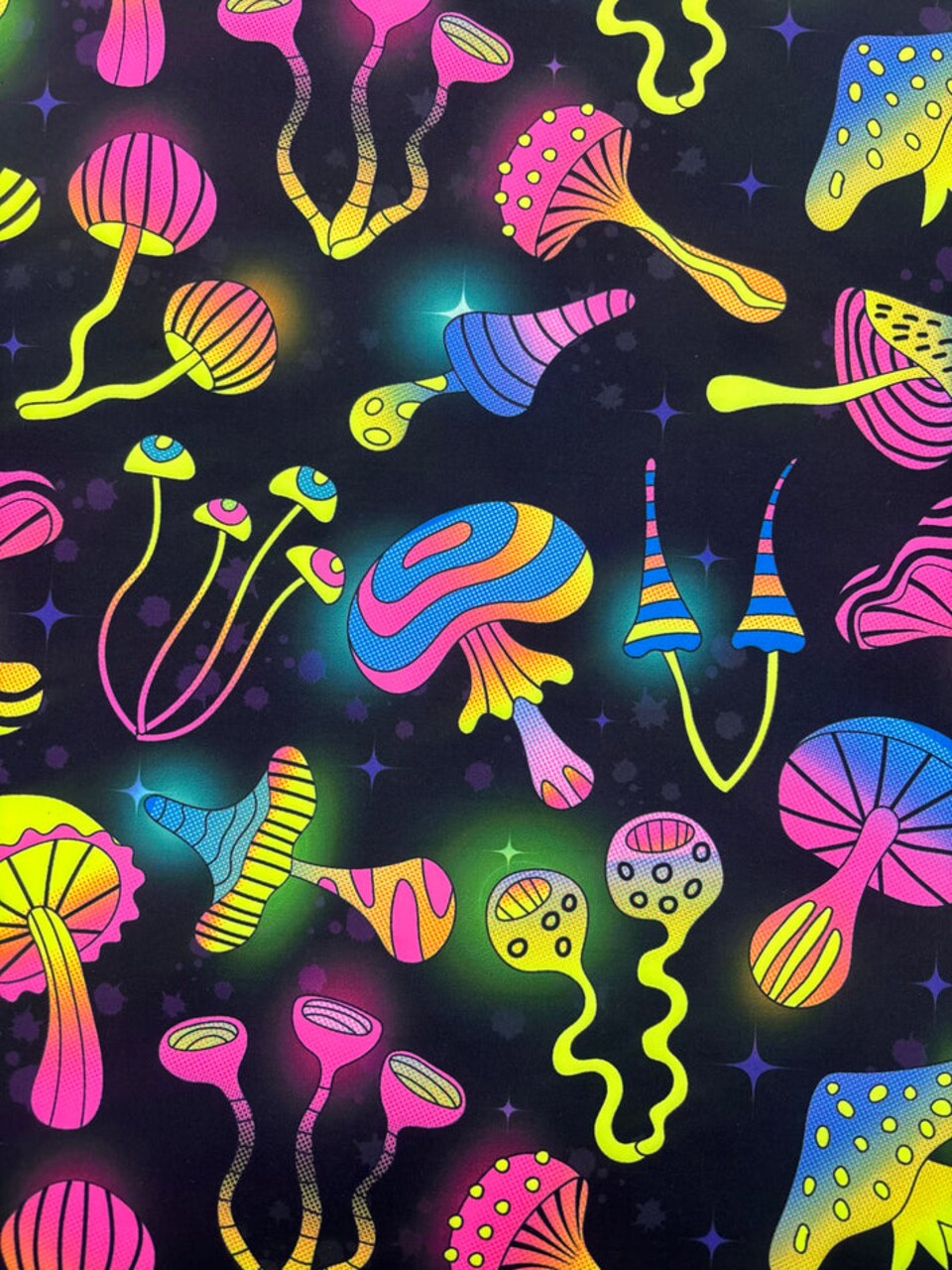 1 Yard Black Trippy Mushroom Spandex Fabric for Costumes and Swimwear 58"/60" Width
