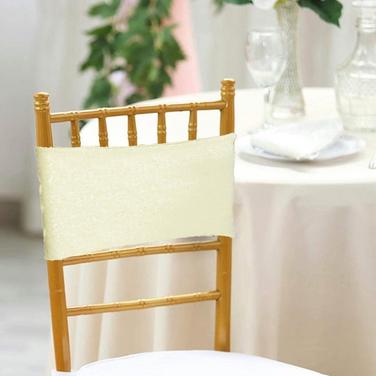 10 Pieces Luxurious Ivory Sequin Stretch Spandex Chair Bands 7 x 13 Inches
