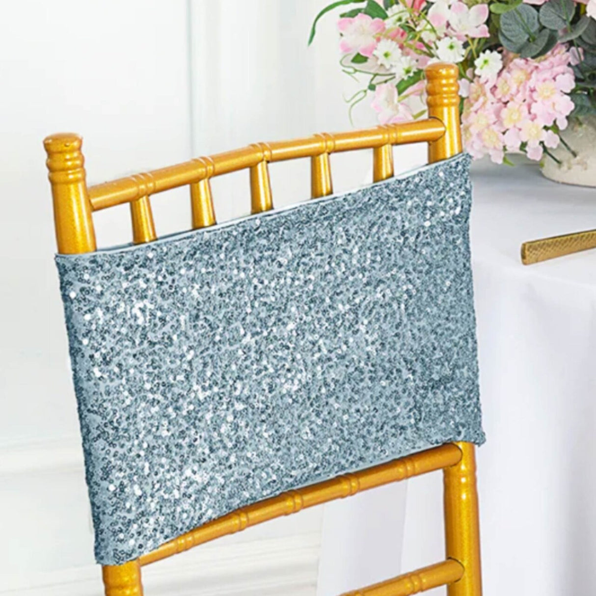 10 Pieces Elegant Dusty Blue Sequin Stretch Spandex Chair Bands 7 x 13 Inches