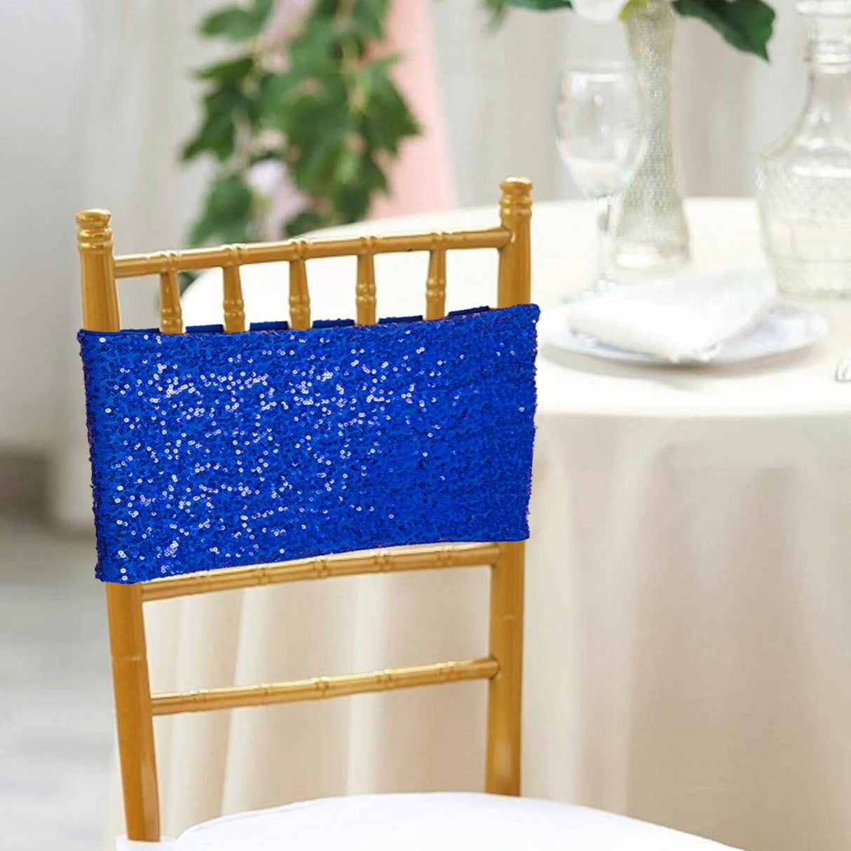 10 Pieces Radiant Royal Blue Sequin Stretch Spandex Chair Bands 7 x 13 Inches