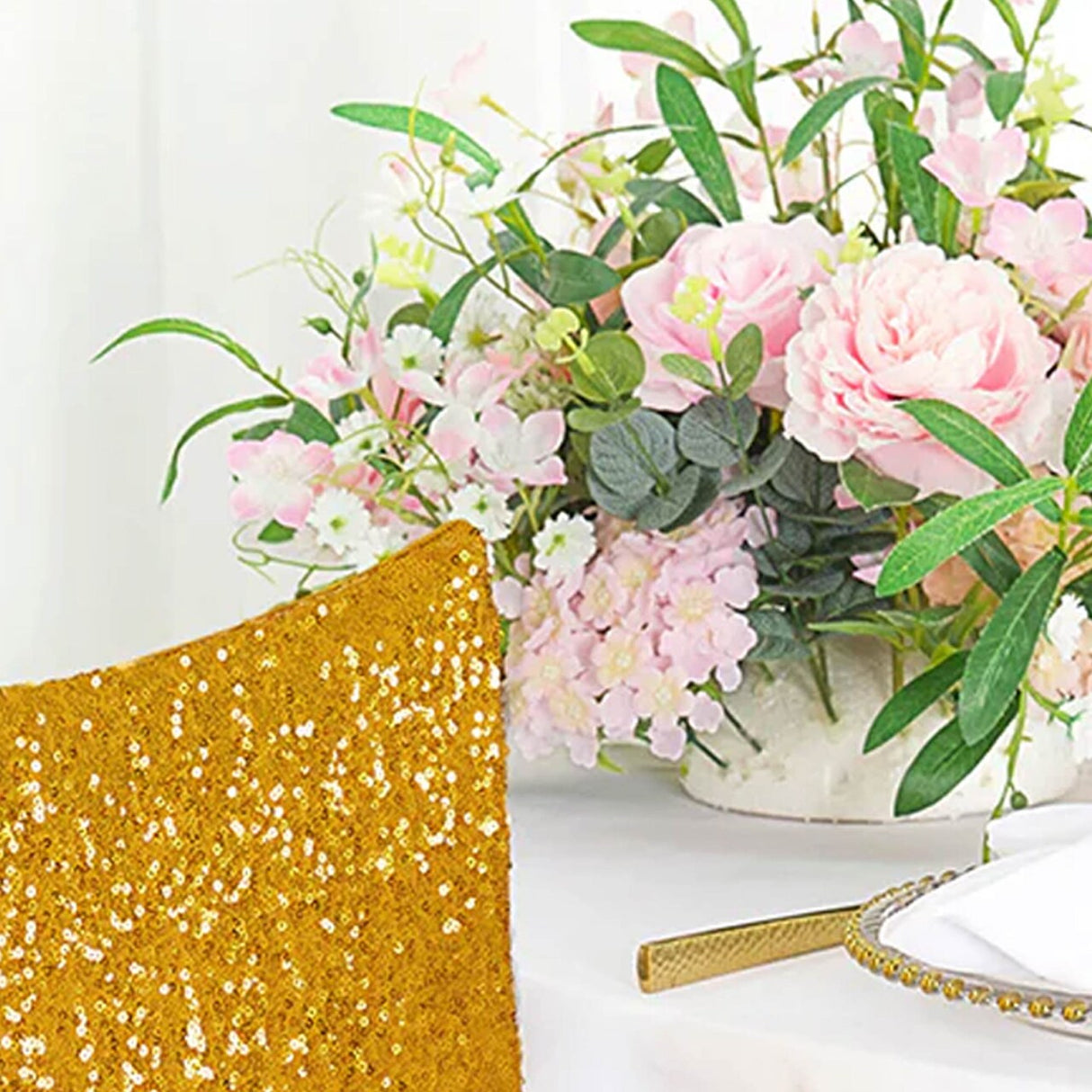 1 Piece Gold Sequin Spandex Chair Cap 13.5 inch by 10 inch Banquet Decor