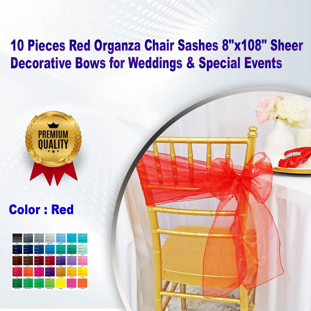 10 Pieces Red Organza Chair Sashes 8"x108" Sheer Decorative Bows for Weddings & Special Events