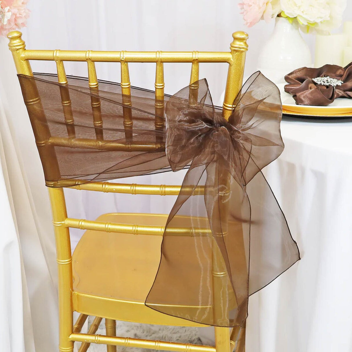 10 Pieces Chocolate Organza Chair Sashes 8"x108" Sheer Brown Chair Decor for Weddings & Events