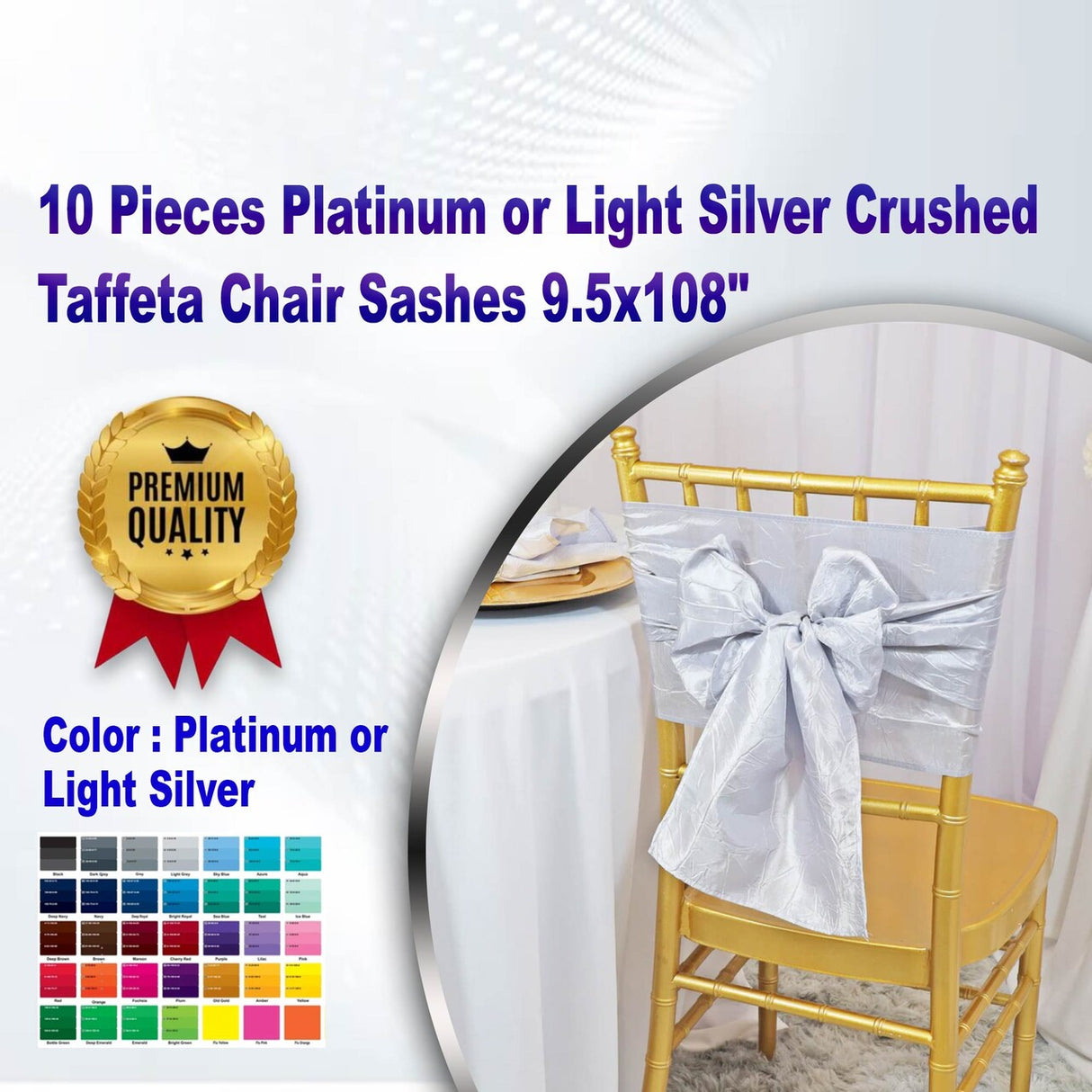 10 Pieces Platinum or Light Silver Crushed Taffeta Chair Sashes 9.5x108"
