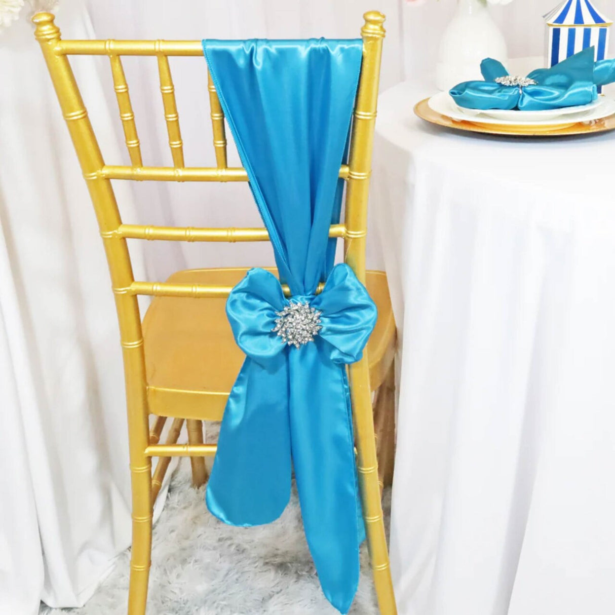 10 Pieces Turquoise Satin Chair Wraps, 8"x108" Bright Event Bands