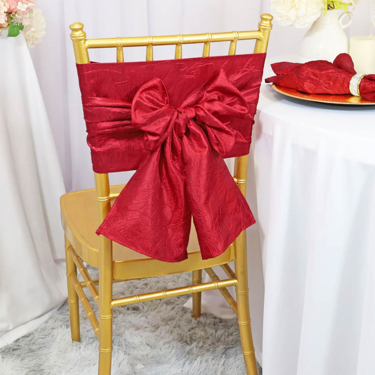 10 Pieces Apple Red Crushed Taffeta Chair Wraps, 9.5"x108" Vibrant Event Bands