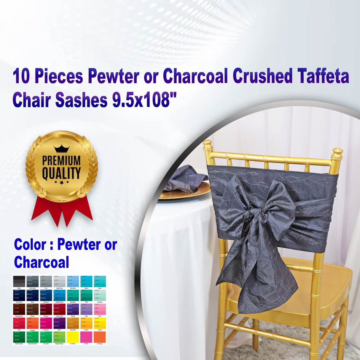 10 Pieces Pewter or Charcoal Crushed Taffeta Chair Sashes 9.5x108"