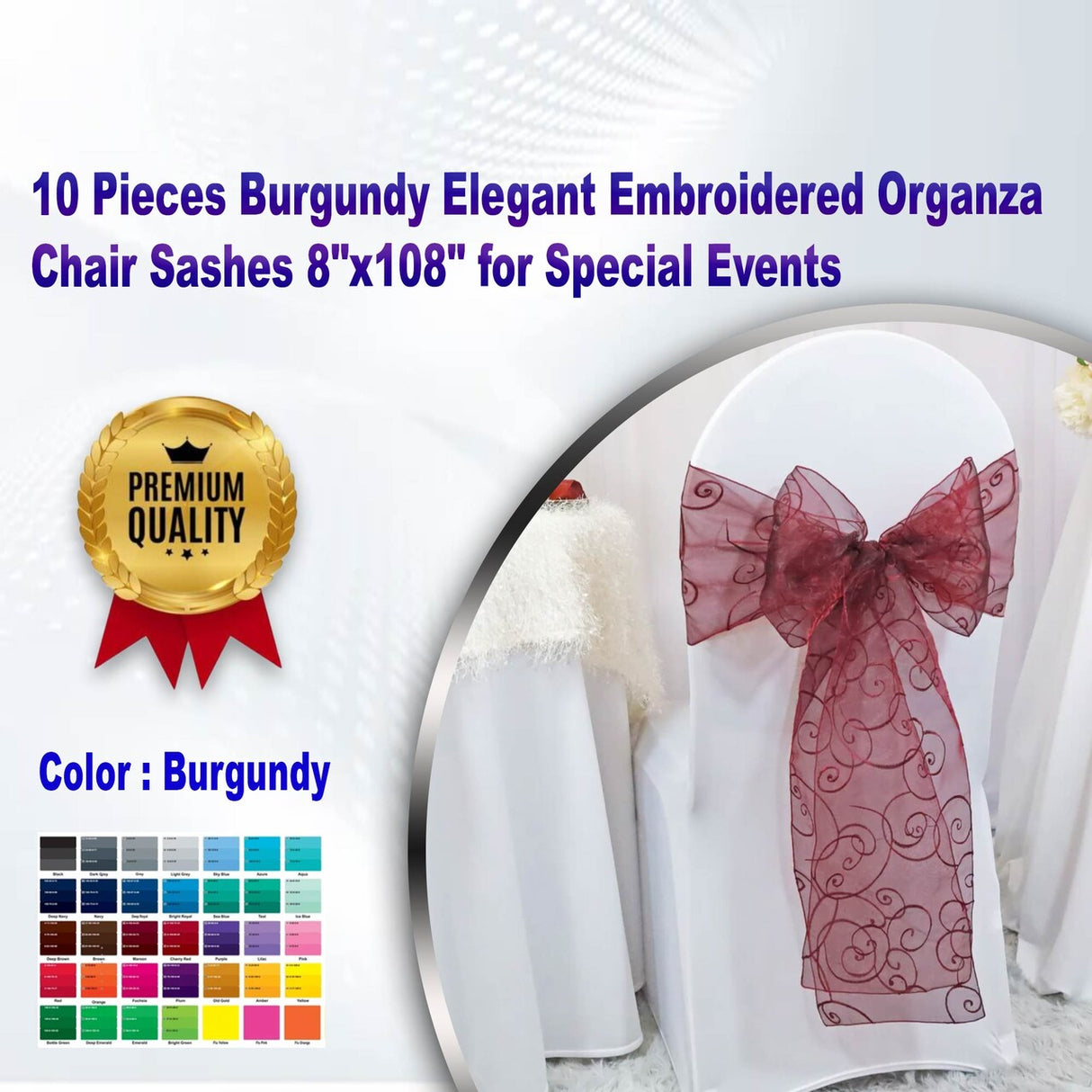 10 Pieces Burgundy Elegant Embroidered Organza Chair Sashes 8"x108" for Special Events