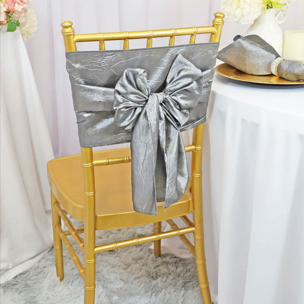 10 Pieces Sophisticated 9.5 by 108 inch Crushed Taffeta Chair Sashes Silver