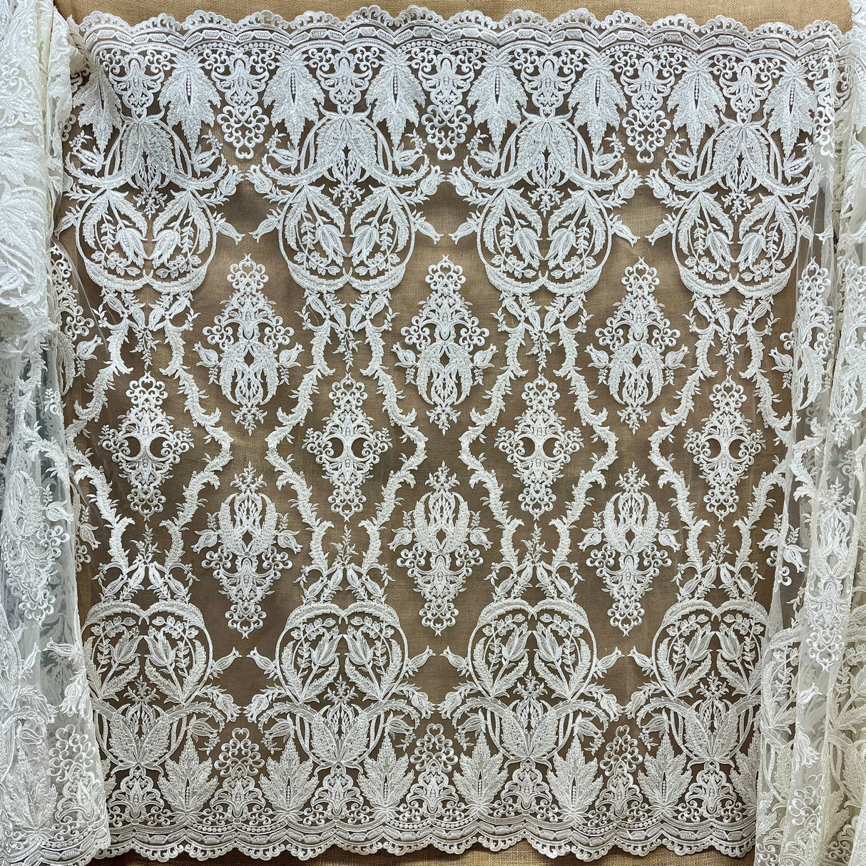 1 Yard Glamorous Beaded & Corded Lace Fabric Embroidered with Pearls and Sequins on Polyester Mesh Couture Bridal & Evening Wear 54" Wide