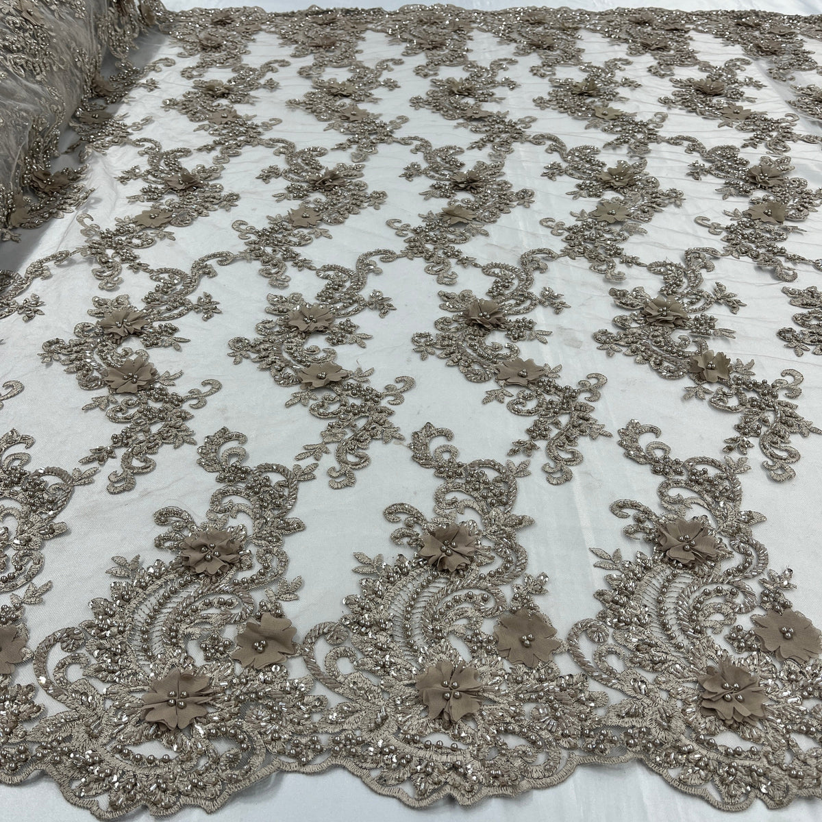1 Yard 3D Beaded Floral Lace Fabric Embroidered on 100% Polyester Net Mesh 52" Wide