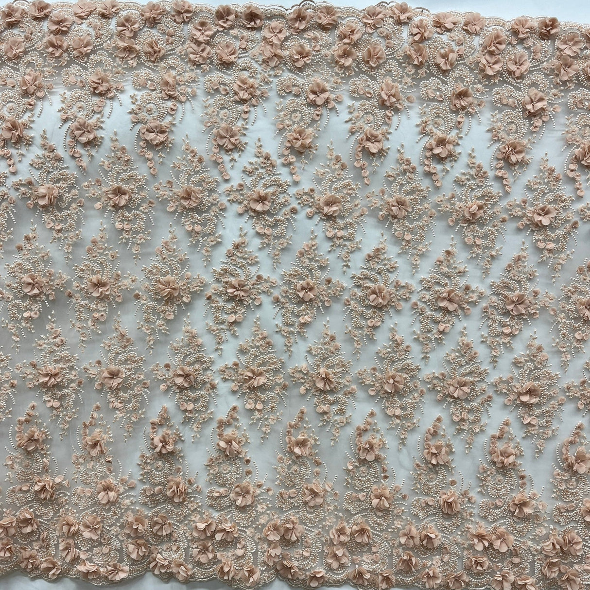 1 Yard Beaded 3D Floral Lace Fabric on Polyester Net Mesh, Embroidered Textile, 54" Width