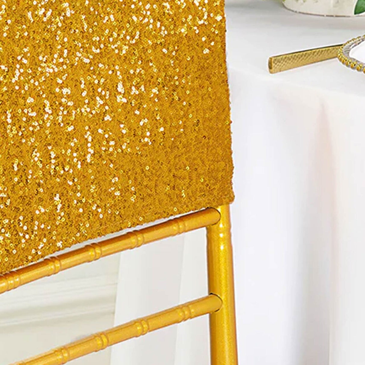 1 Piece Gold Sequin Spandex Chair Cap 13.5 inch by 10 inch Banquet Decor