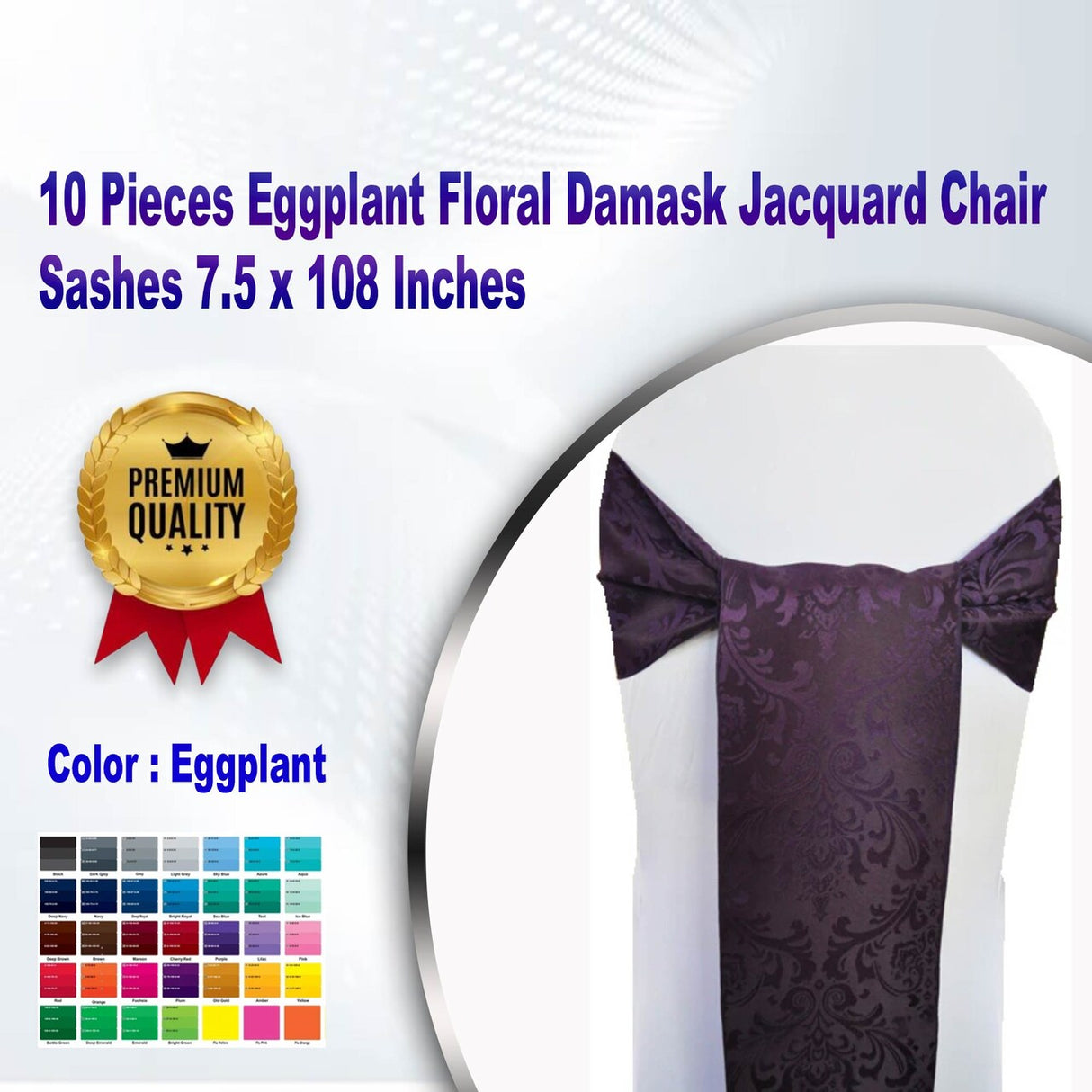 10 Pieces Eggplant Floral Damask Jacquard Chair Sashes 7.5 x 108 Inches