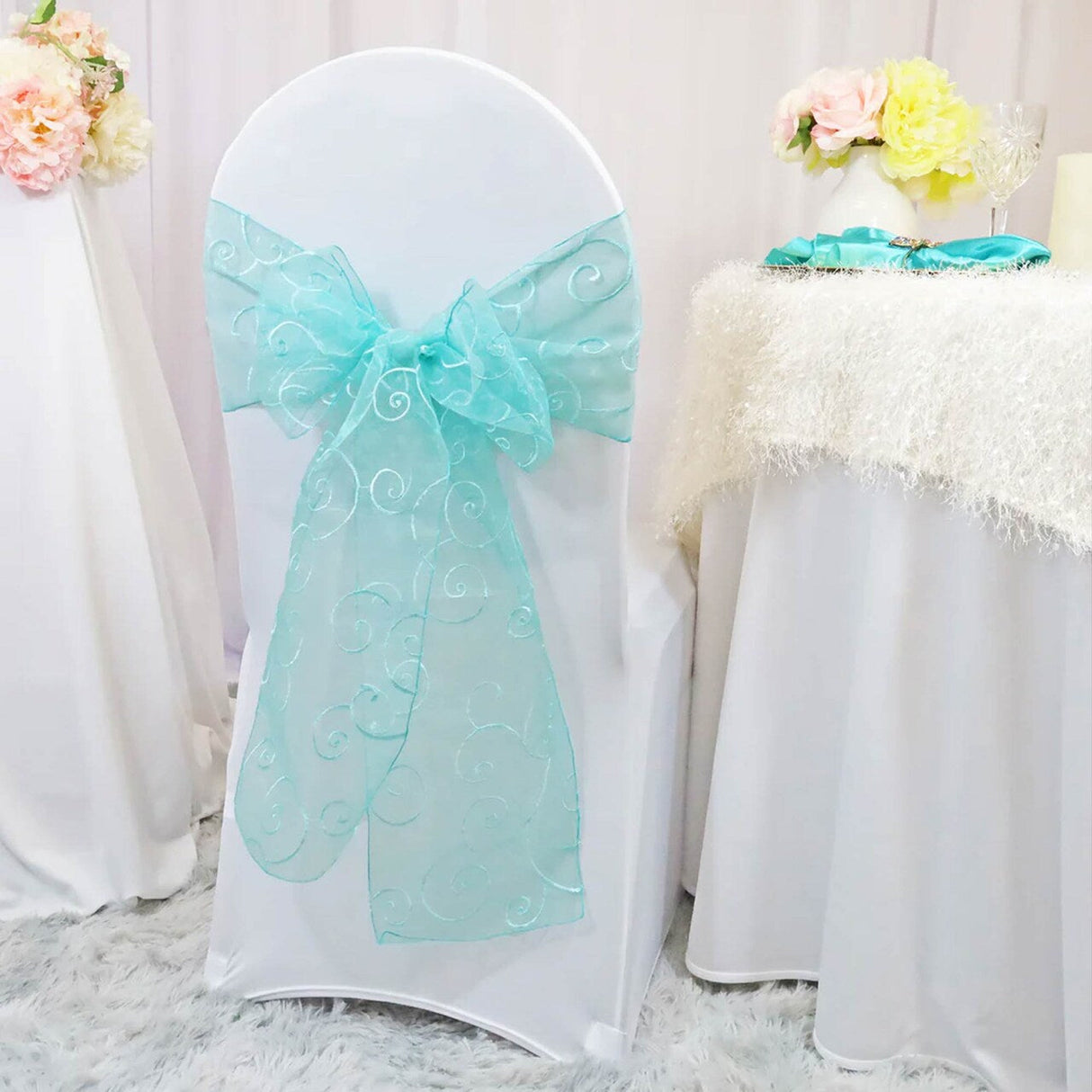 10 Pieces Pool Blue Embroidered Organza Chair Sashes 8"x108" Elegant Event Decor Accents