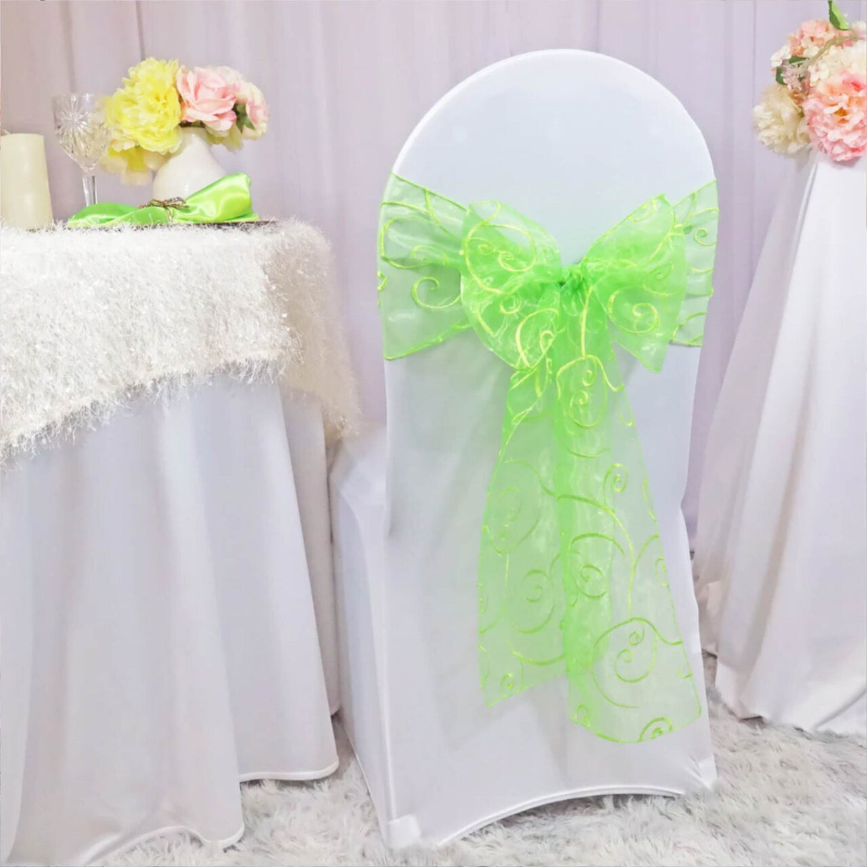 10 Pieces Apple Green Embroidered Sheer Organza Chair Sashes 8"x108" for Elegant Occasions