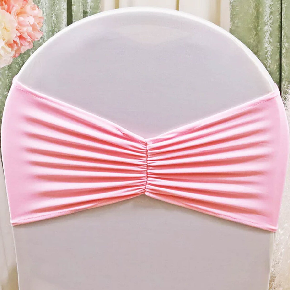 10 Pieces Pink Ruffled Spandex Chair Bands for Charming Event Decor 8x13 inches
