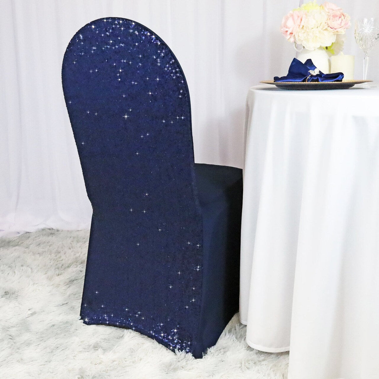 1 Piece Navy Blue Sequin Spandex Chair Cover Stretch Fit for Banquet Events
