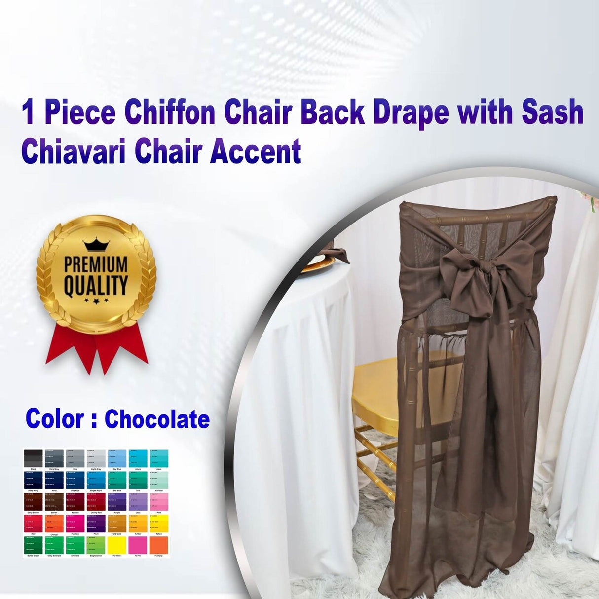 1 Piece Chocolate Chiffon Chair Back Drape with Sash Chiavari Chair Accent