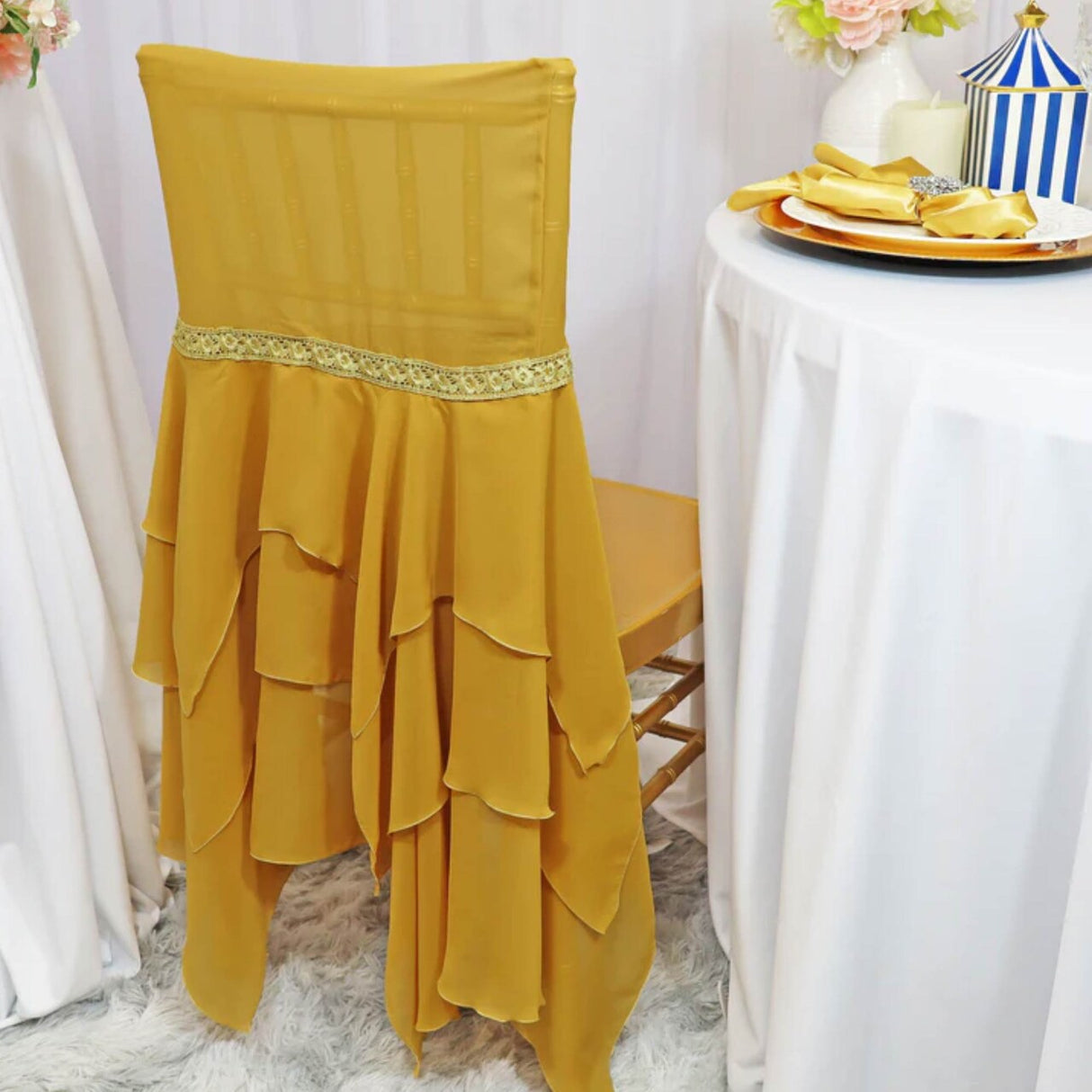 1 Piece Luxurious Gold Chiffon Chair Cover with Sash for Weddings & Celebrations