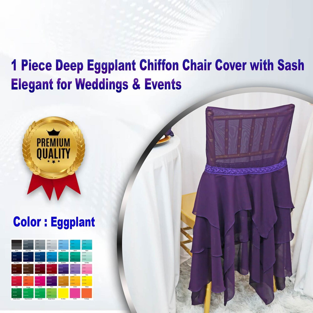 1 Piece Deep Eggplant Chiffon Chair Cover with Sash Elegant for Weddings & Events