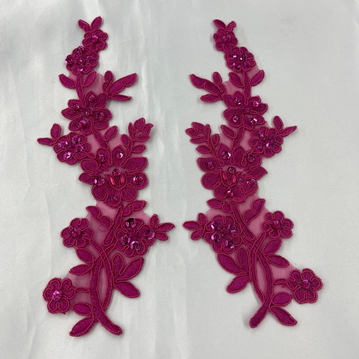 1 Pair Beaded & Corded Floral Lace Applique 10" x 2" Each Side