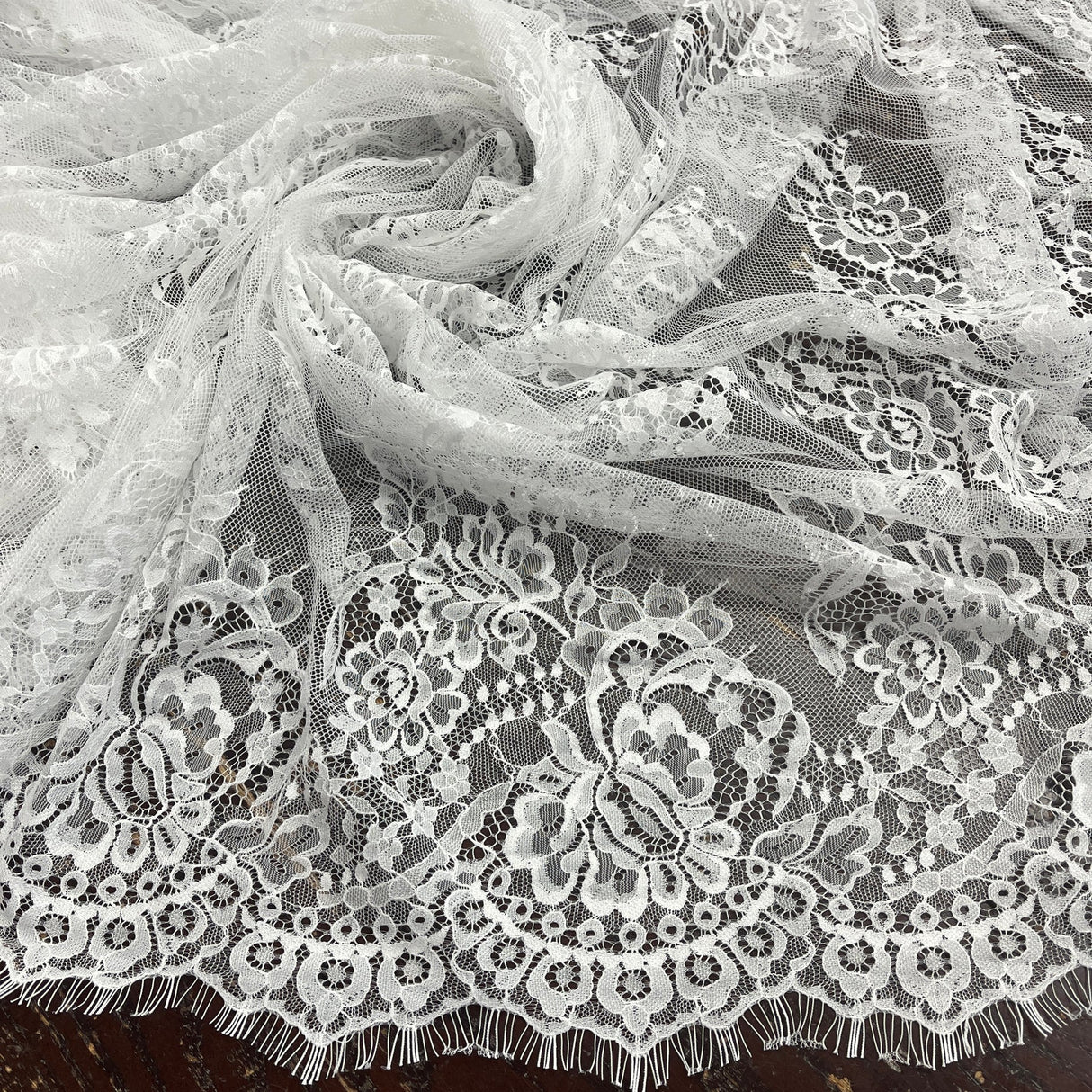 1 Yard Chantilly Embroidered Lace Fabric with Eyelash Scallop, 58" Wide French Alençon Lace for Bridal & Evening Wear