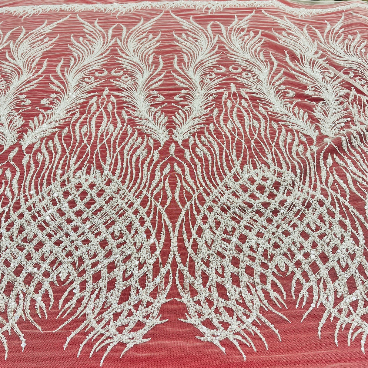 1 Yard Beaded Lace Fabric Embroidered on Polyester Net Mesh, 52" Wide Bridal & Evening Fabric