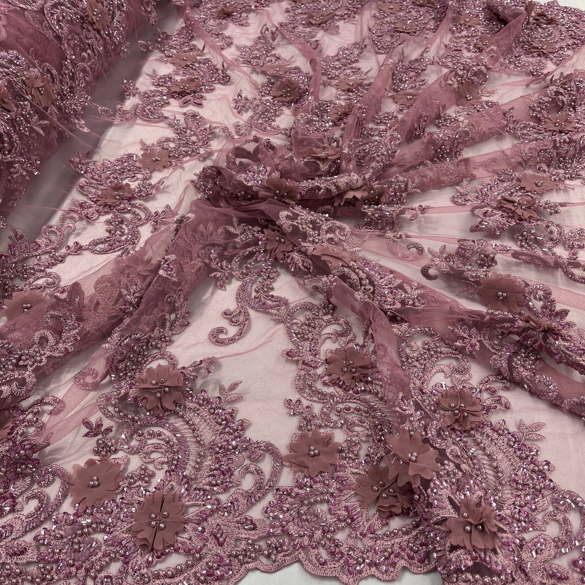 1 Yard 3D Beaded Floral Lace Fabric Embroidered on 100% Polyester Net Mesh 52" Wide