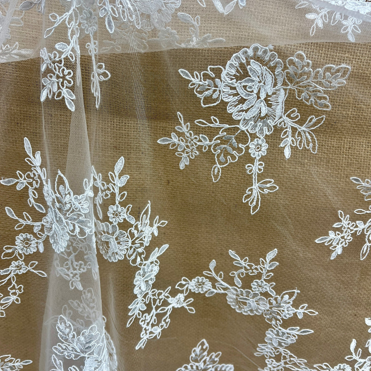 1 Yard Corded Bridal Lace Fabric Embroidered on Polyester Net Mesh for Dresses 51" Width