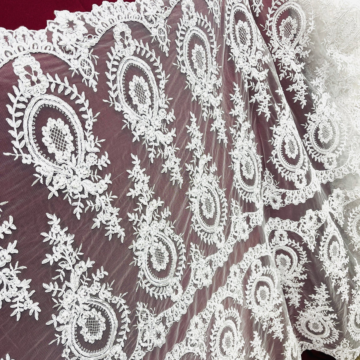 1 Yard White Beaded & Corded Embroidered Lace Fabric, Polyester Mesh, 48" Wide, Elegant Fabrication for Gowns & Décor