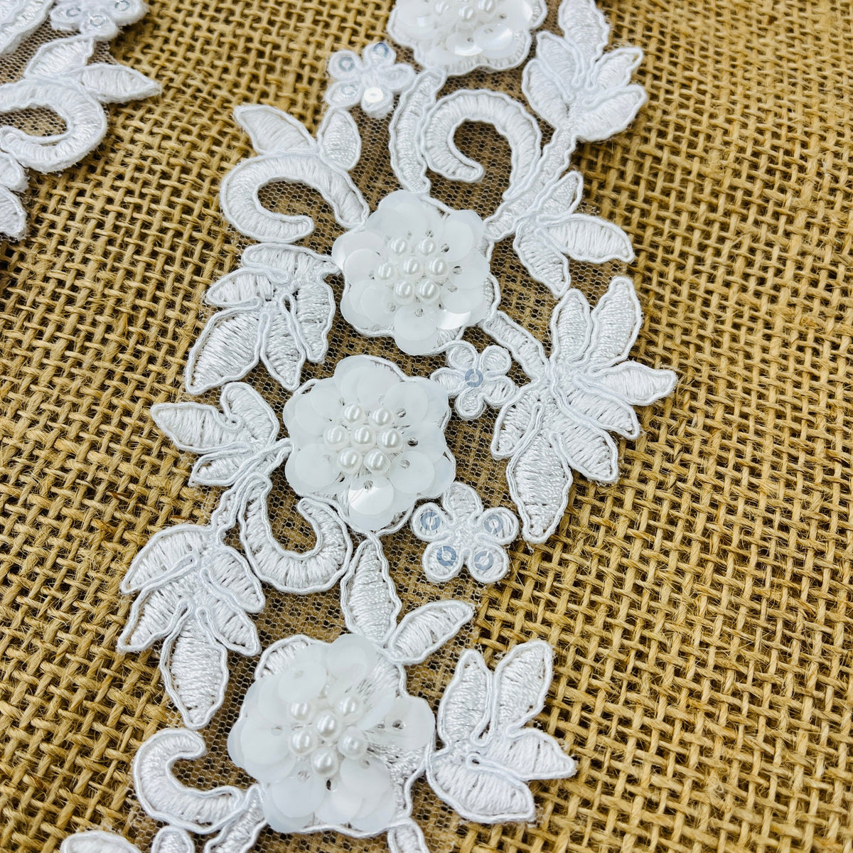 1 Yard Beaded & Corded Floral 3D Lace Applique Embroidered on 100% Polyester Net Mesh