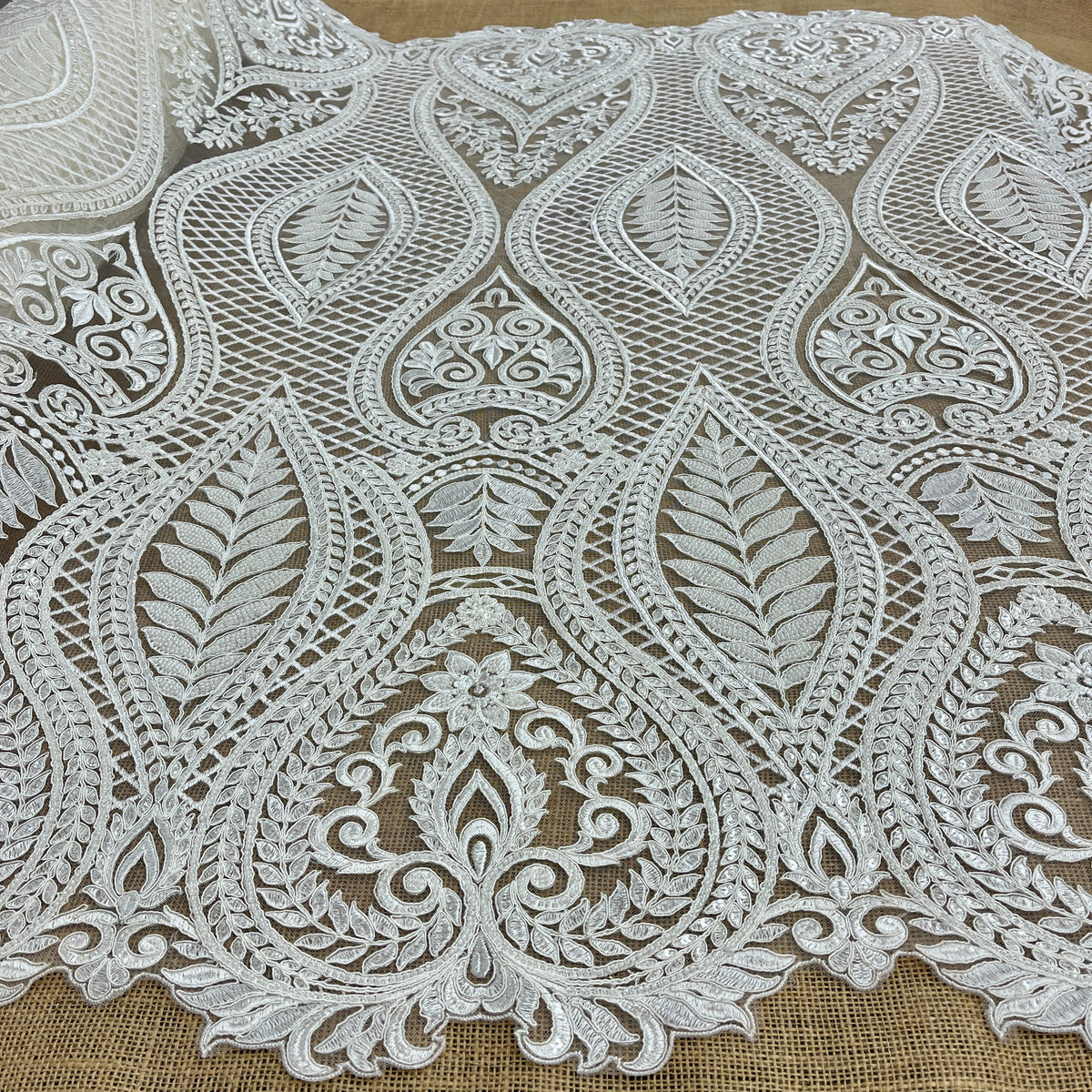 1 Yard 52" Wide Beaded & Corded Bridal Lace Fabric Embroidered on 100% Polyester Net Mesh