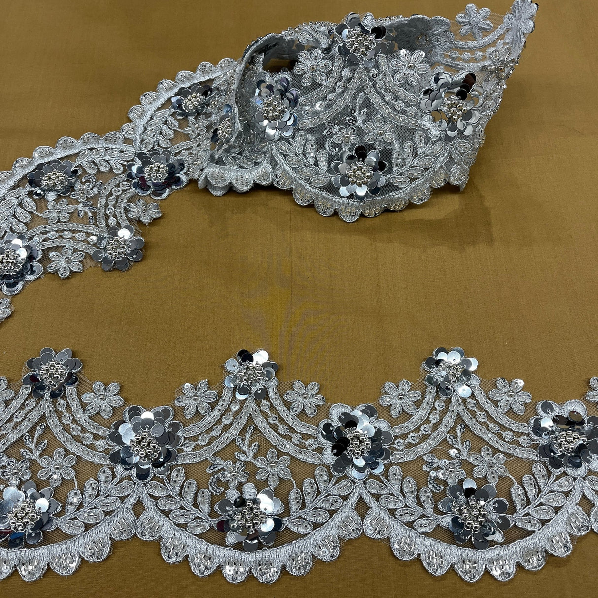 1 Yard Beaded & Corded Floral Lace Trimming 4.5" Wide Embroidered on 100% Polyester Net Mesh