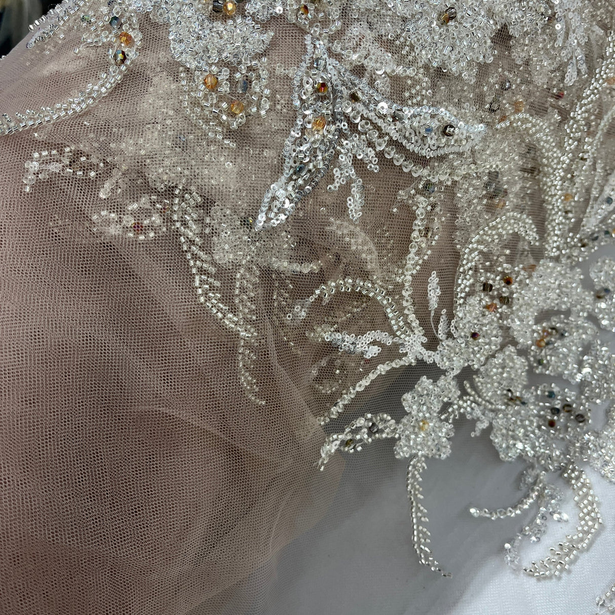 1 Yard Light Blue Beaded Lace Embroidered Fabric, Polyester Net Mesh, 50” Wide