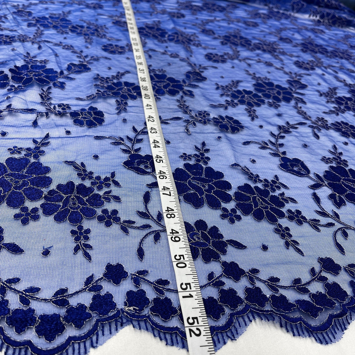 1 Yard Elegant Floral Embroidered Lace Fabric on Polyester Mesh, 52" Wide