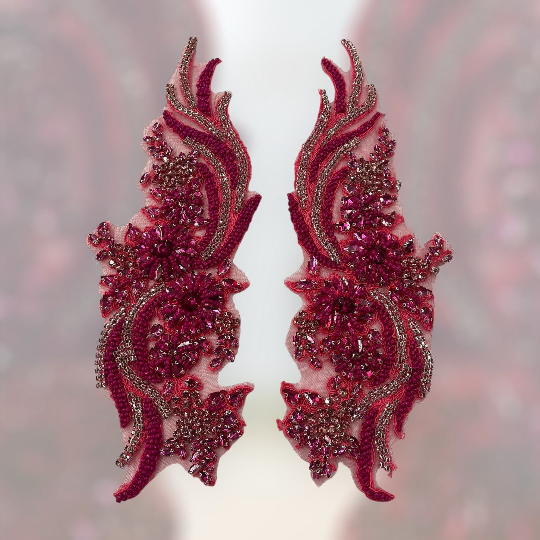 1 Pair 14" x 4" Each Side Crystal Rhinestone Beaded & Corded Lace 100% Polyester