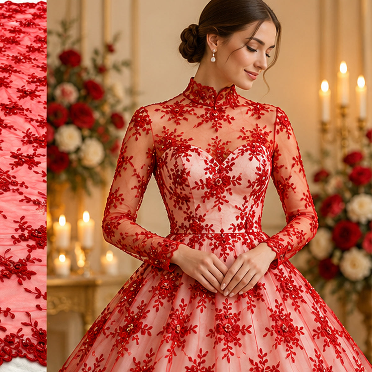 Beaded Corded Bridal Lace Fabric Embroidered Polyester Net Mesh
