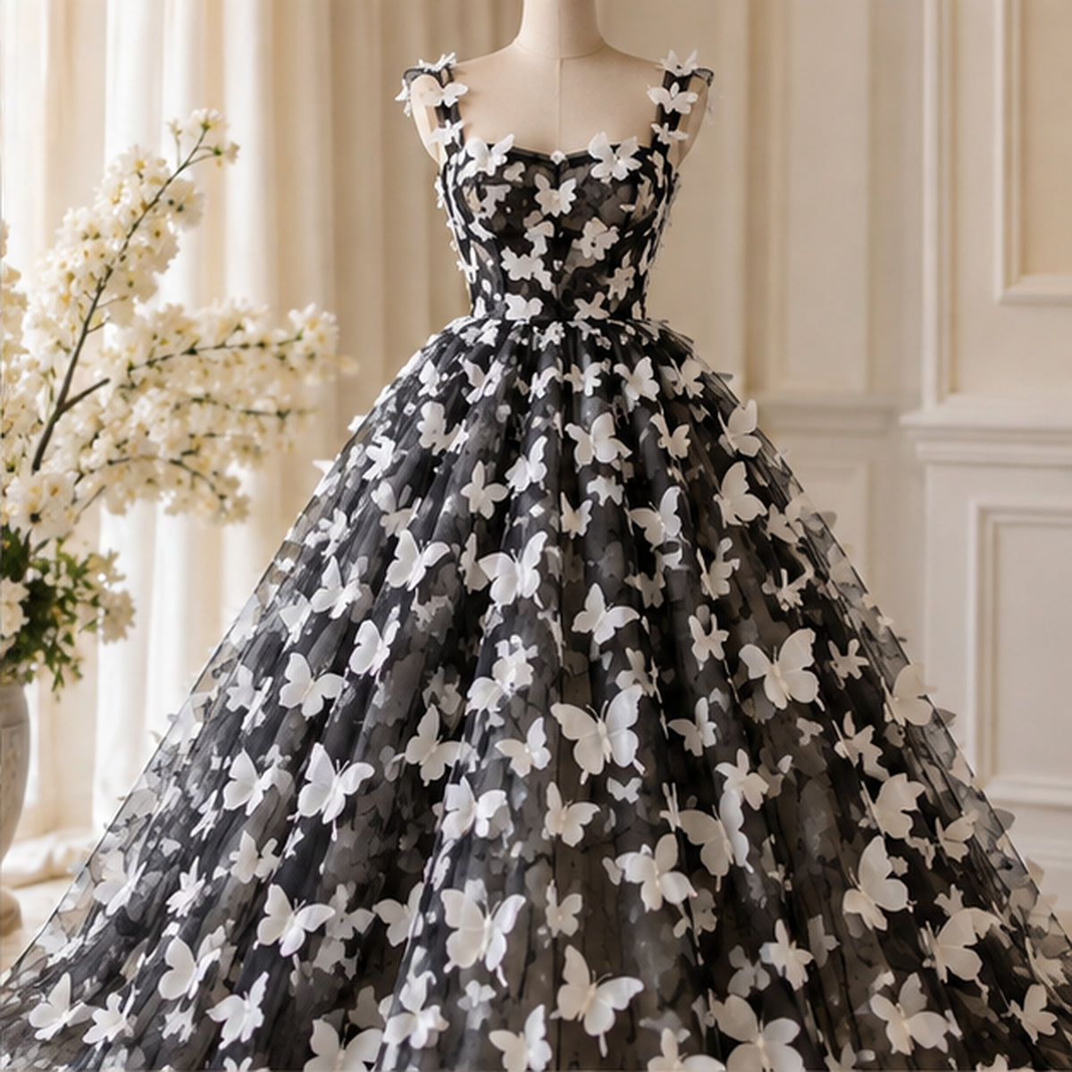 3D Butterflies White on Black Lace Fabric Embroidered by the Yard